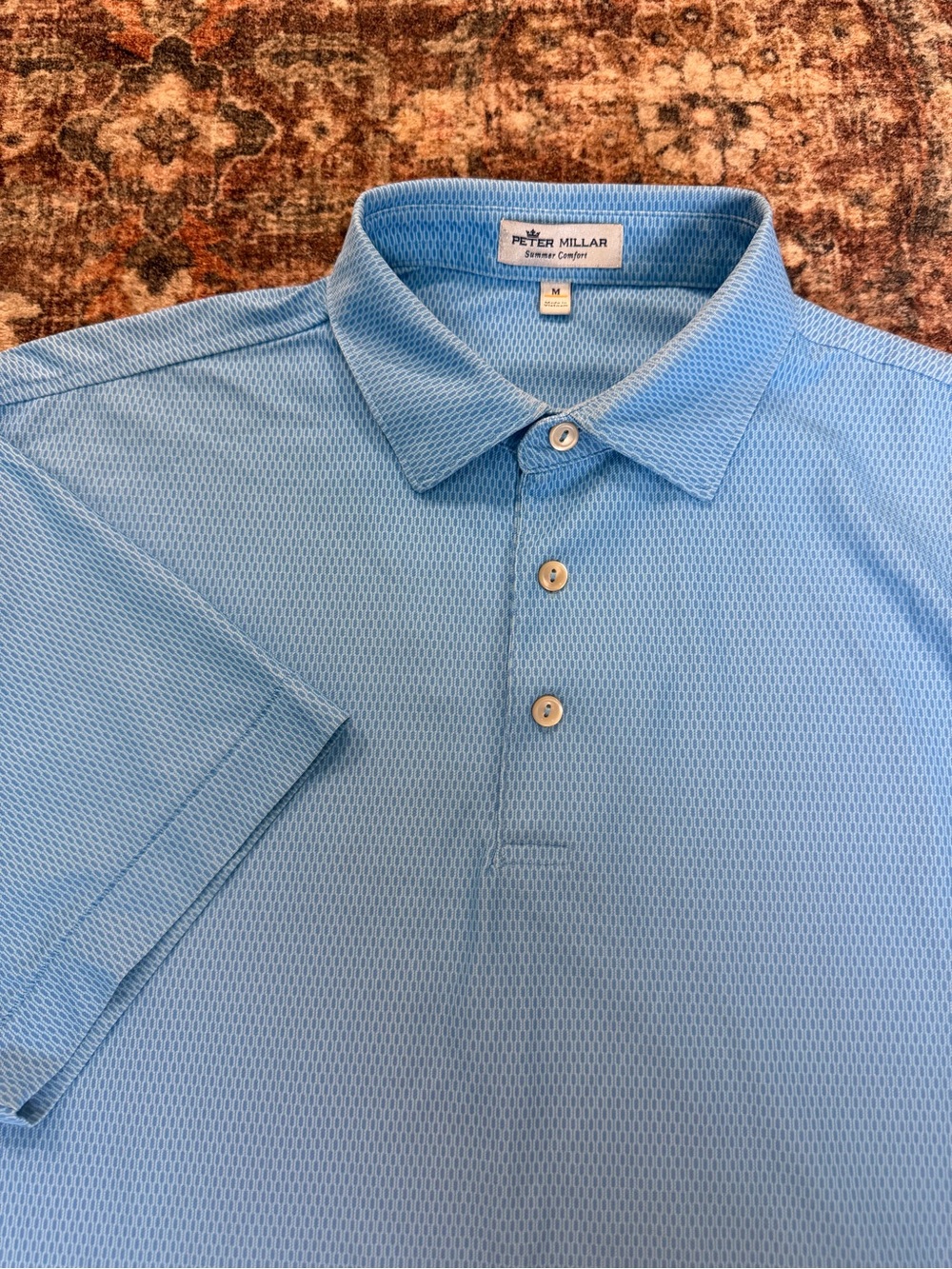 Peter Millar Summer Comfort Men's M Blue Geometric Short Sleeve Crest Polo